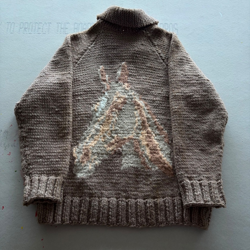 Vintage Hand Knit Horse Cowichan Sweater Zip Cardigan